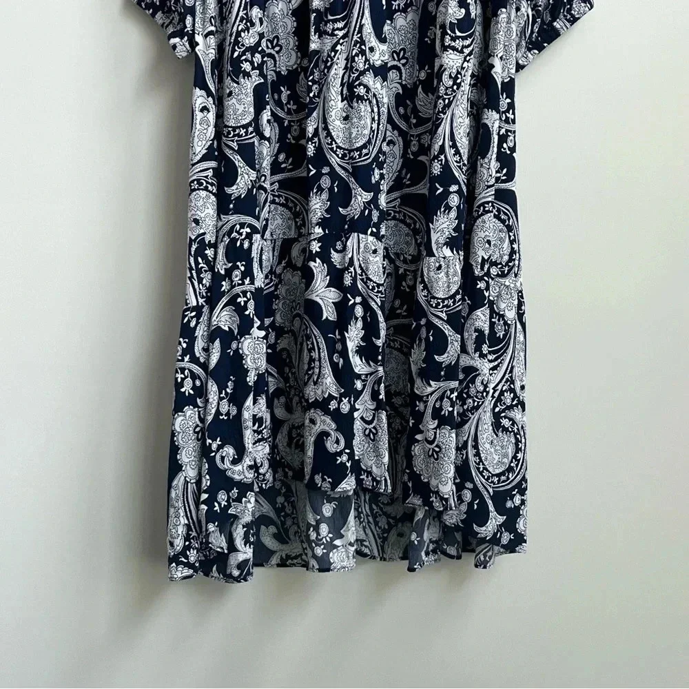 TALBOTS FLOUNCE HEM MIDI DRESS IN BLUE/WHITE PAISLEY 3X Tiered Modest Workwear - Picture 3 of 12
